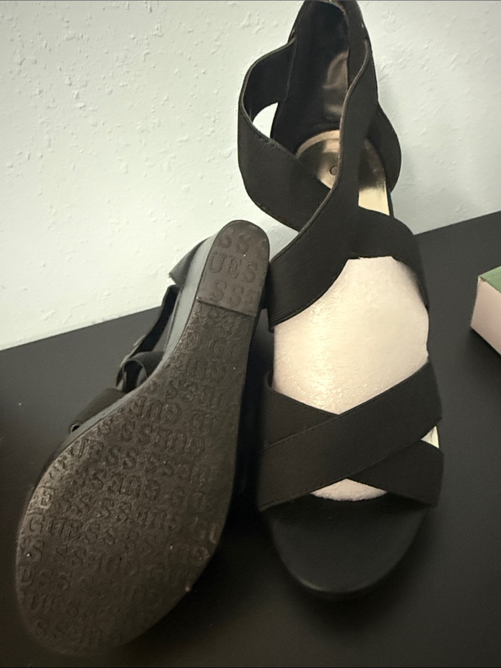 NWOT Guess Black Wedge Sandals with Gold Zip Accent - Picture 2 of 5